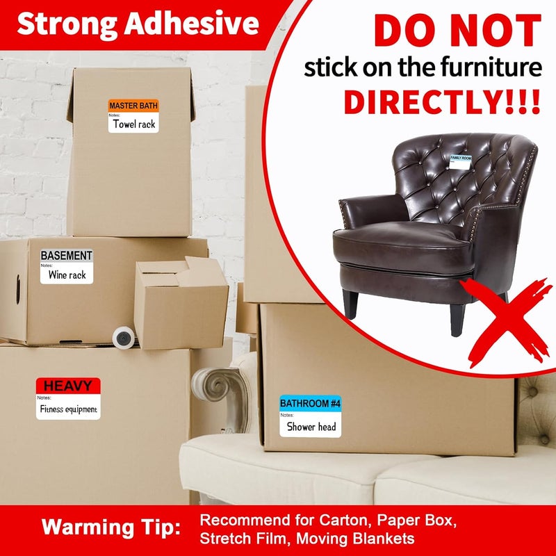 Misofuki 3”x2” Moving Labels for Boxes Color Coded 4 Bedroom, 600 Pcs Moving Stickers 4 Bathroom, Packing Labels for Moving Boxes, Strong Adhesive Fragile Moving Stickers + Heavy and Blank Labels - Image 4
